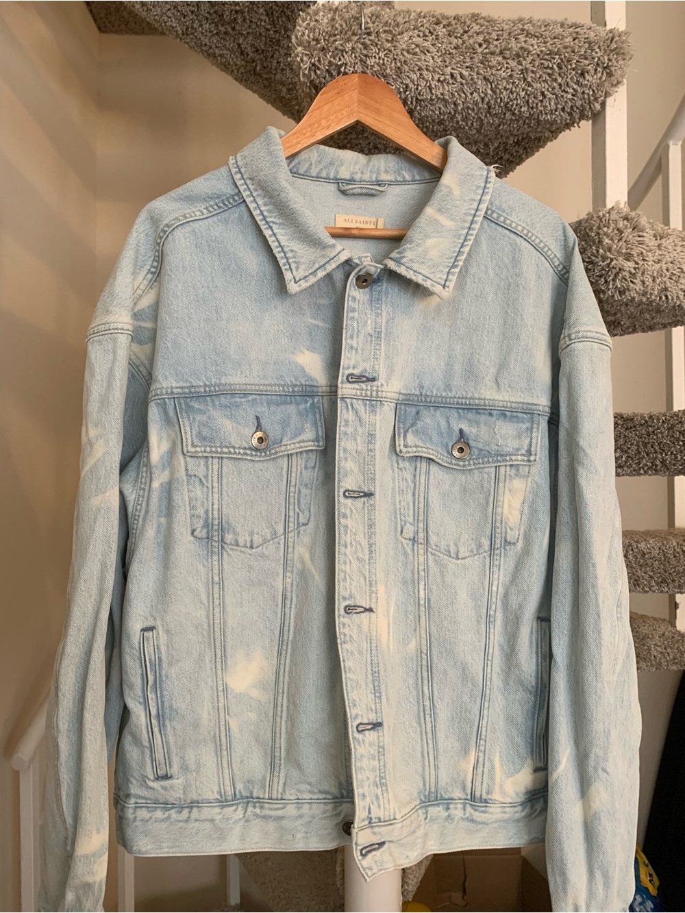 AllSaints Light Blue Distressed Denim Jacket M/L Bleach Wash Trucker